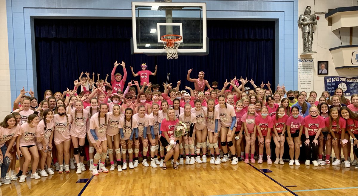 breesematerdei's tweet photo. Jamie Beer ‘97 (center) posed with MD players and fans at today’s Pink Out volleyball game.  Thanks to our generous community and Pat and Nikki Kreke, who donated their winnings, the 50/50 raffle raised $4,571 for the Beers!  Please continue to pray for Jamie and her family! https://t.co/ogrFd52KQZ