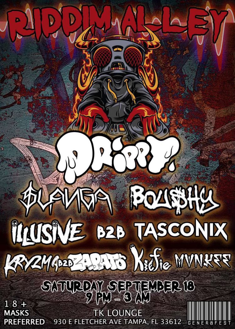 Last night in Tampa was epic!! Tonight we’ve got another show for you - Riddim Alley 🔪🩸Ft. <a href="/drippyunlimited/">drippy.xyz</a> 💦

Tickets still available here! ⬇️
gener8fest.ticketspice.com/riddim-alleyv1