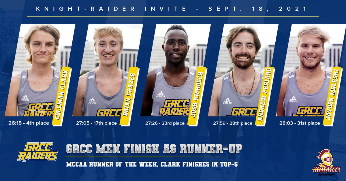 GRCCAthletics's tweet image. Coleman Clark leads the way again for @xcraider men as they come in 2nd place at the Knight-Raider Invite!