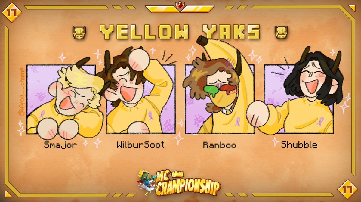 MY TEAM IM SO PROUD OF THEM :D

#mccfanart #MCChampionship #yellowyaksfanart #yellowyaks #smajorfanart #wilbursootfanart #ranboofanart #shubblefanart