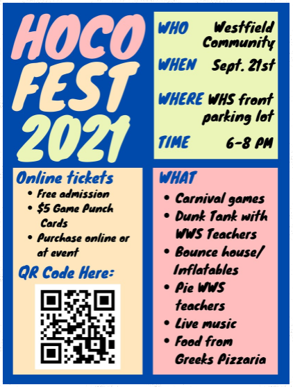 TOMORROW,  Tuesday, September, 21st from 6-8 pm in the WHS bus parking lot, WHS Student Government will be hosting Hoco Fest, a community carnival.  We hope to see you and your family there! #WHSRocksHoco2021
