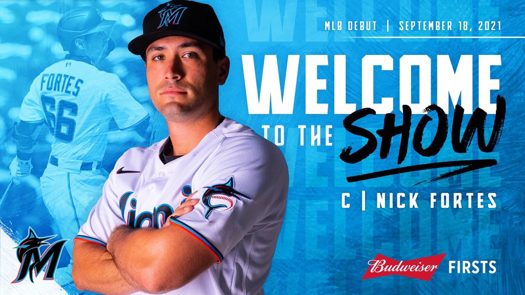 Marlins's tweet photo. Fortes debut. Welcome to the show! 

#JuntosMiami // @budweiserusa https://t.co/j7ny9fpbix
