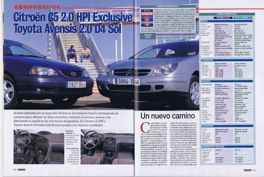AyerCars's tweet photo. #Hace20años en Autopista del 18/9/2001: comparativo entre el Citroen C5 2.0 HPI Exclusive y el Toyota Avensis 2.0 D4 Sol ("Un nuevo camino") https://t.co/sPaR9t5HeD