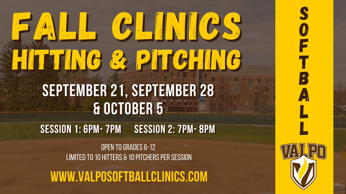 ValpoSoftball's tweet photo. There are still a few spots open for our Fall Hitting & Pitching Clinics on Sept 21, 28 & Oct 5! For registration info visit https://t.co/hvZQMgNeFm!
#softballclinics #valposoftball #pitchingclinics #onevalpo https://t.co/JQ2aknW0um