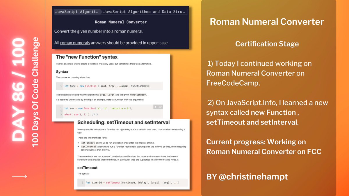 DAY 86 of #100DaysOfCode

Worked on a few more new functions today on JavaScript.Info💻🚀🔥 :D