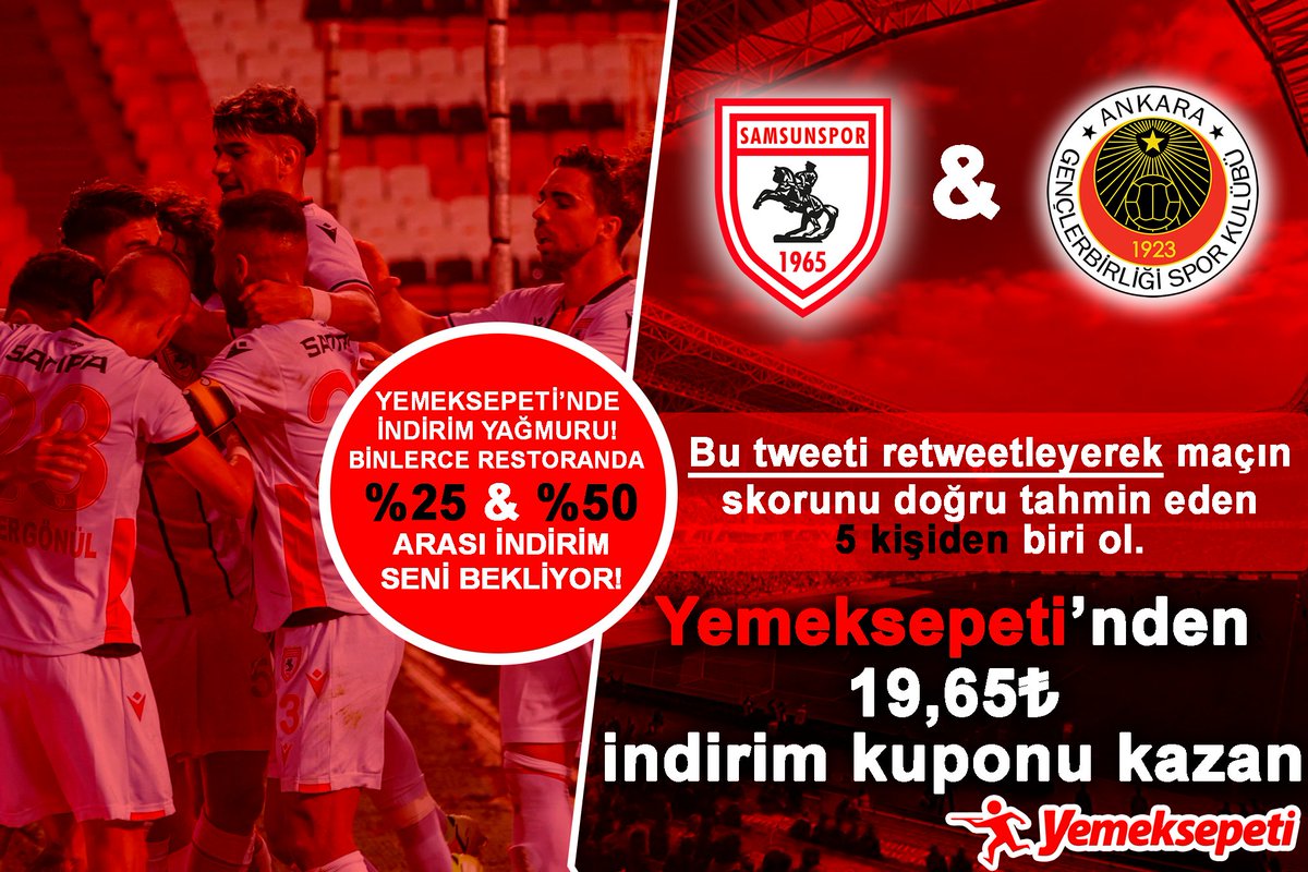 🔥#BugünGünlerdenSamsunspor

🤙🏻Yılport Samsunspor - Gençlerbirliği maçının skorunu doğru bilip, RT atan ilk 5 kişiden biri ol, <a href="/yemeksepeti/">Yemeksepeti</a>’nden 19,65₺ tutarında kupon kazan!

Yemeksepeti'nde indirim yağmuru!🍔🍟🍕🌯🥘
Binlerce restoranda %25 ile %50 arası indirim seni bekliyor!