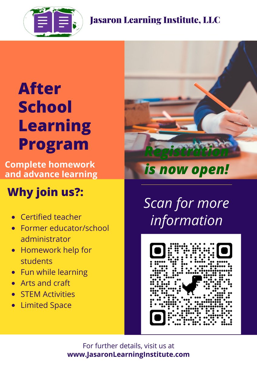 JasaronLlc's tweet photo. Looking for afterschool care or a Prek program? Call us at 757-208-7407. #PreK #afterschool #tutoring #SATACT https://t.co/lcUbJDTIcS