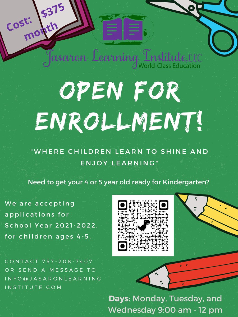 JasaronLlc's tweet photo. Looking for afterschool care or a Prek program? Call us at 757-208-7407. #PreK #afterschool #tutoring #SATACT https://t.co/lcUbJDTIcS