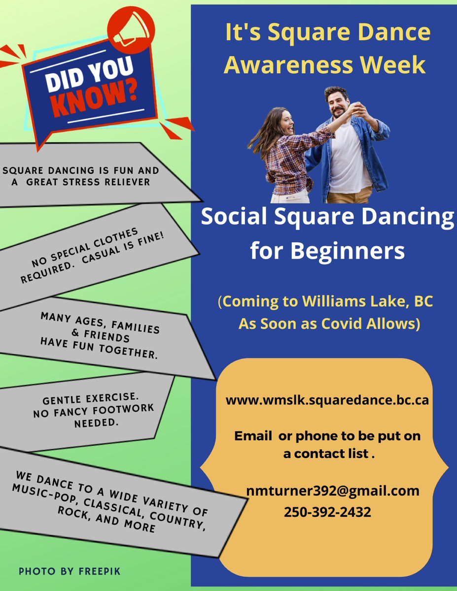 TurnerNM's tweet photo. When  Covid is done, you will need fun.  In #WilliamsLake BC, SOCIAL SQUARE DANCING FOR BEGINNERS will be scheduled when health regulations allow. Connect with others, laugh, have fun.  No experience needed. It's an easy walking step but it is an exhilarating experience. https://t.co/iN306t2mUg