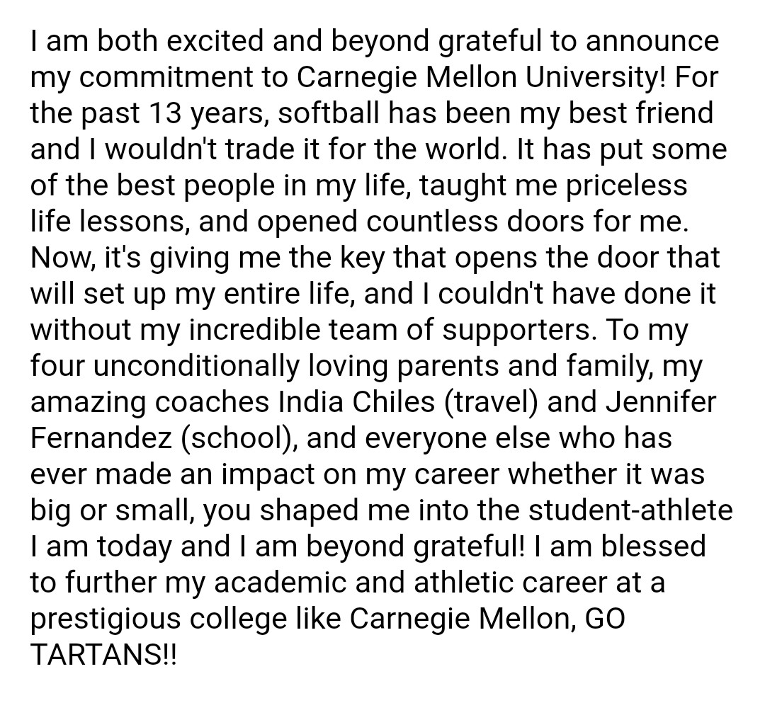 I am beyond grateful and excited to announce my commitment to Carnegie Mellon University to continue my academic and athletic career! Thank you to my family, coaches, and instructors, and Coach Harrison, I couldn’t do it without you guys! GoTartans!! <a href="/SoftballCMU/">CMU Softball</a> <a href="/TrainingSct/">Training_sct_ علوم وتدريب مهني</a>
