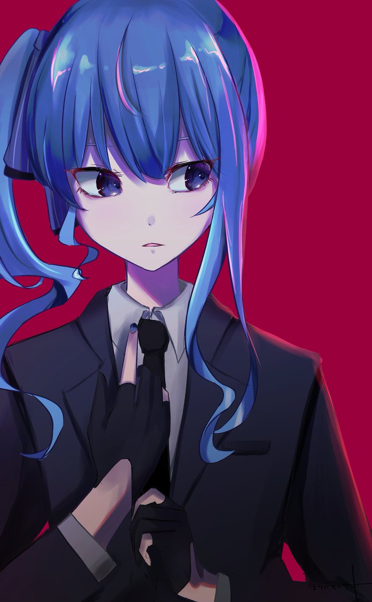 hoshimachi suisei 1girl blue hair solo gloves necktie blue eyes formal  illustration images