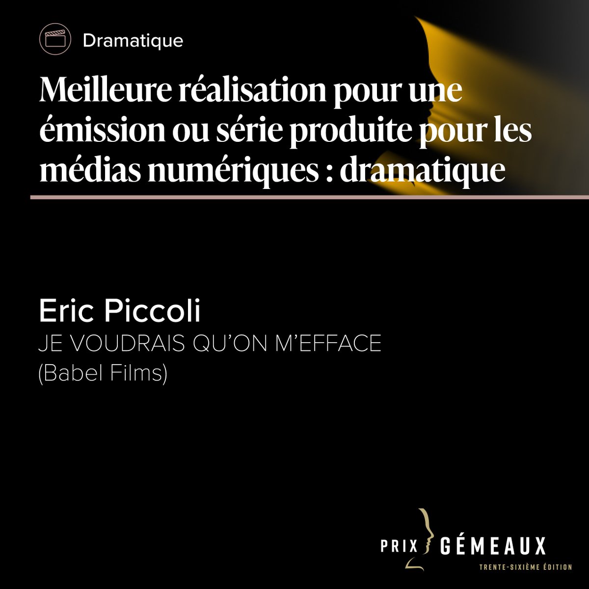 Eric Piccoli gagne le prix Gémeaux de la Meilleure réalisation pour une émission ou série produite pour les médias numériques : dramatique avec JE VOUDRAIS QU'ON M'EFFACE « Épisode 1 - Chapitre I »  (<a href="/FilmsBabel/">Babel films</a>). Félicitations Eric! #GalaGémeaux #prixGémeaux