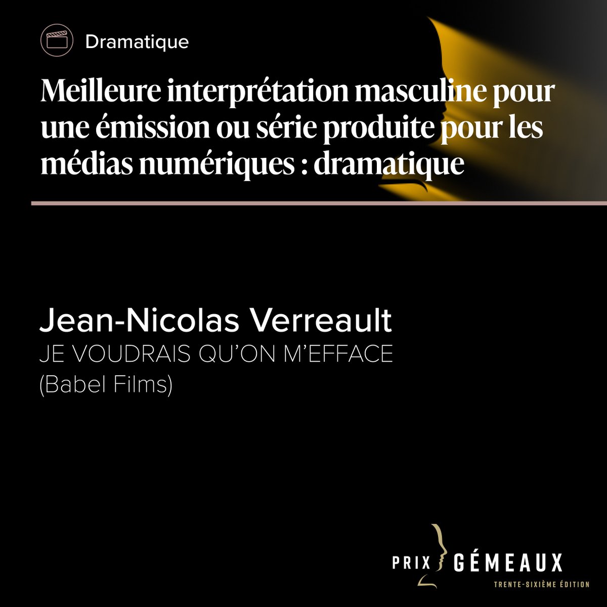 Félicitations à Jean-Nicolas Verreault pour son prix de Meilleure interprétation masculine pour une émission ou série produite pour les médias numériques : dramatique pour son rôle dans JE VOUDRAIS QU'ON M'EFFACE (<a href="/FilmsBabel/">Babel films</a>)