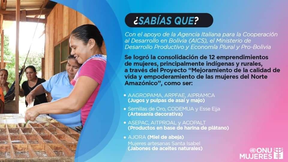 Durante los últimos años, la financiación la Agencia Italiana para la Cooperación al Desarrollo en Bolivia (#AICS) y el @MDPyEPBolivia han facilitado la capacitación a mujeres  para contribuir con sus emprendimientos y crear un mundo más igualitario. 

#FundingGenderEquality