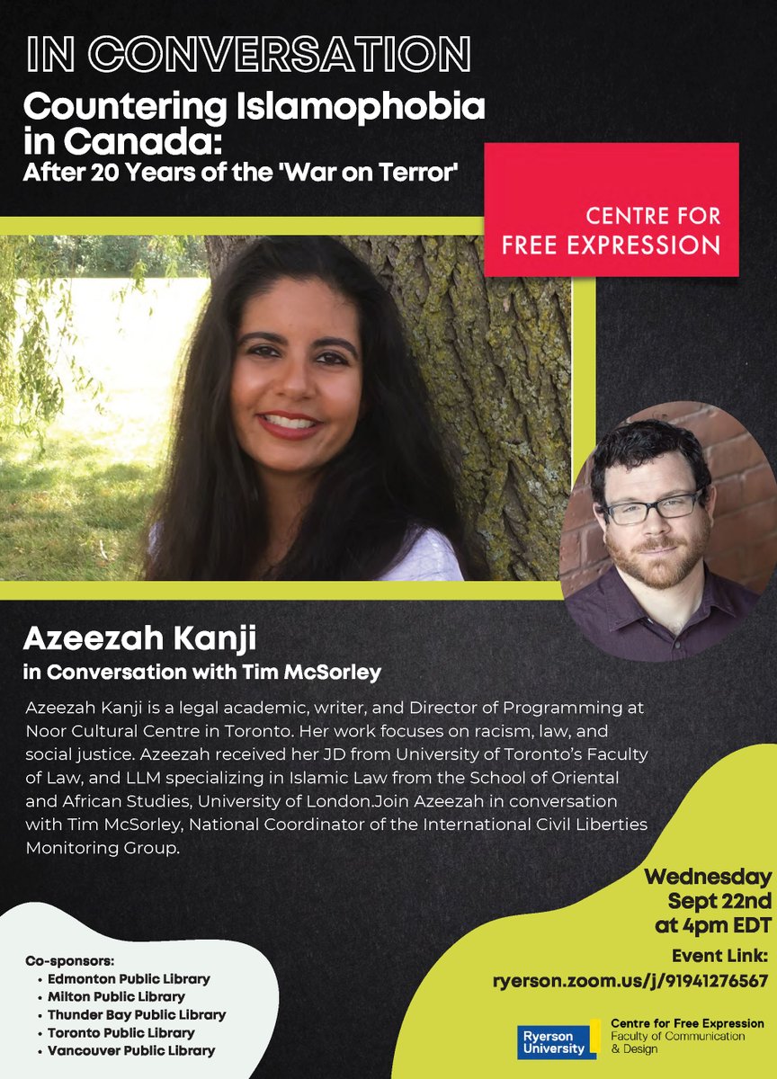 Azeezah Kanji, Director of Programming at Noor Cultural Centre, joins <a href="/timmcsorley/">Tim McSorley</a>, National Coordinator of the <a href="/ICLMG/">ICLMG</a>, to discuss countering Islamophobia in Canada. Presented by <a href="/RyersonCFE/">Centre for Free Expression</a>.

Sept 22 | 1pm | Online | ow.ly/dnK650GbkBY