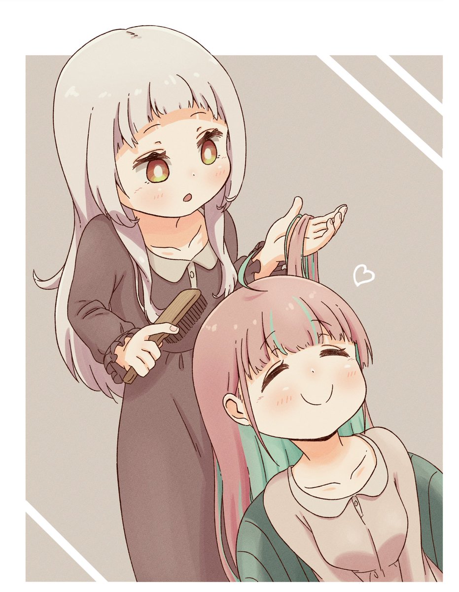murasaki shion multiple girls 2girls brushing hair long hair smile bangs grey hair  illustration images