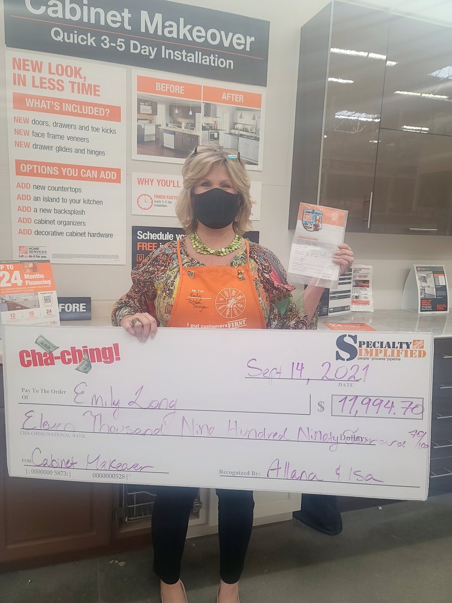 THDIsa's tweet photo. Recognized Emily,D29 Cabinet Makeover Rockstar, who had TWO leads sell this week totaling $31,826.05!!!!! Awesome job in properly qualifying your walk-ins and appointments!  #WeAre1532 #OneTeam #PMDWinsWithServices @gwaltershdi @EricCampbellDSM @deanosettle @HD1532 https://t.co/ZHAJ7xeZPz