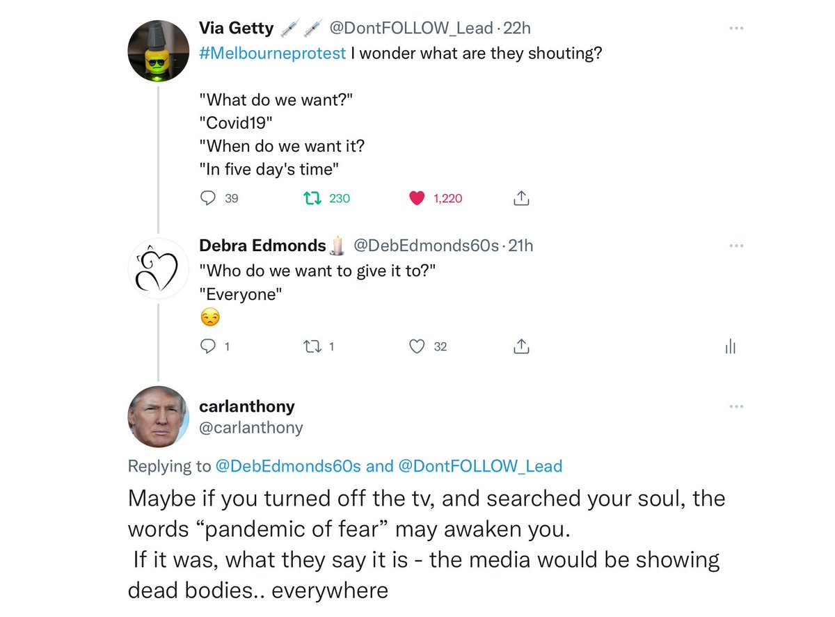 DebEdmonds60s's tweet image. I expect this #COVIDIOT was with the #wankers who attended a #lockdownprotest
“Pandemic of fear” 🙄 I’m a little more concerned with the actual pandemic that is actually killing actual people.