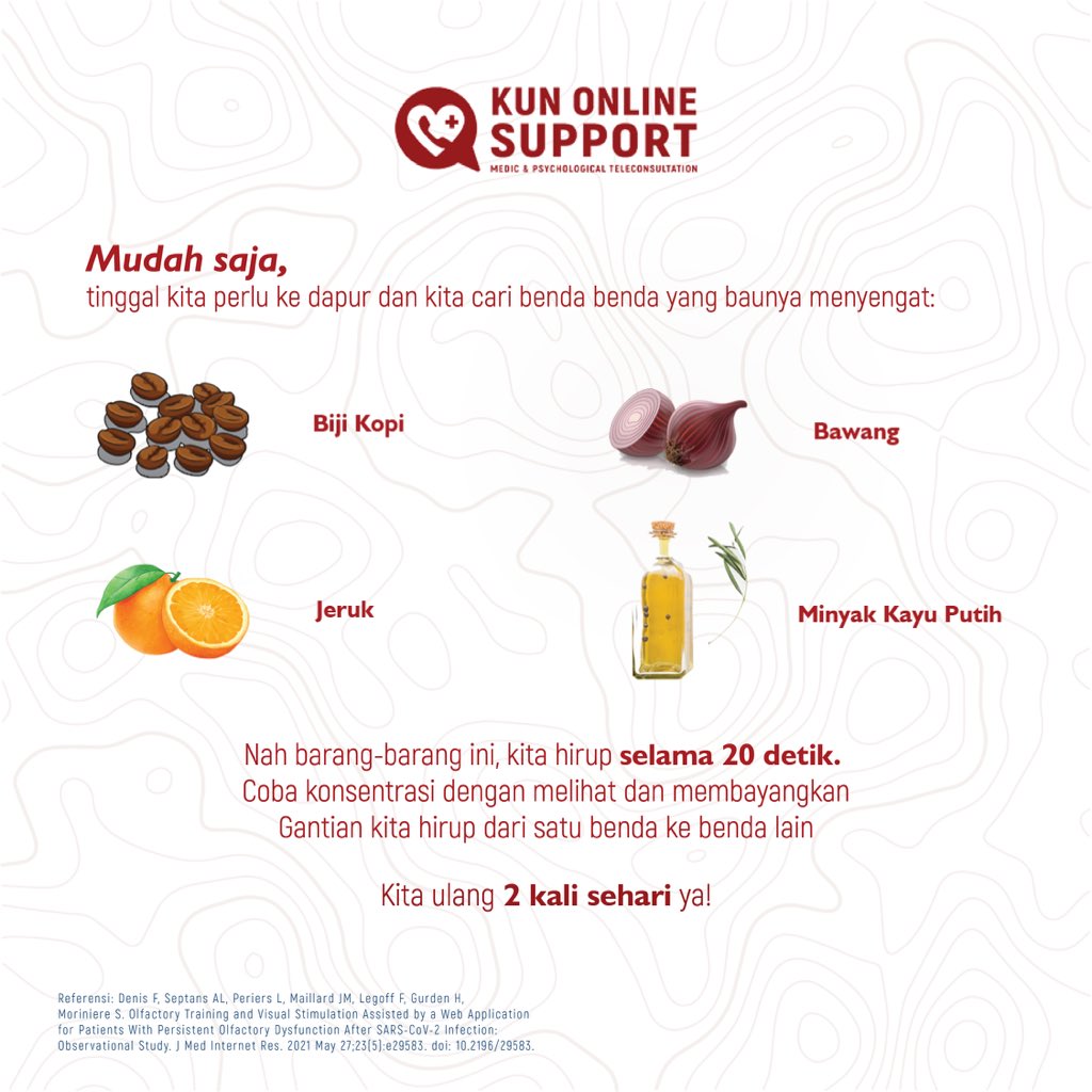 Bagi yang isoman dan hilang penciuman (“Anosmia”). Nah, teman-teman harus tetap tenang! Layanan KUN Online Support bisa bantu dengan melakukan olfactory training sesuai tips yang dibagikan! Tetap semangat dan mari saling jaga!
#infoisoman #telekonsultasigratis #KUNOnlineSupport