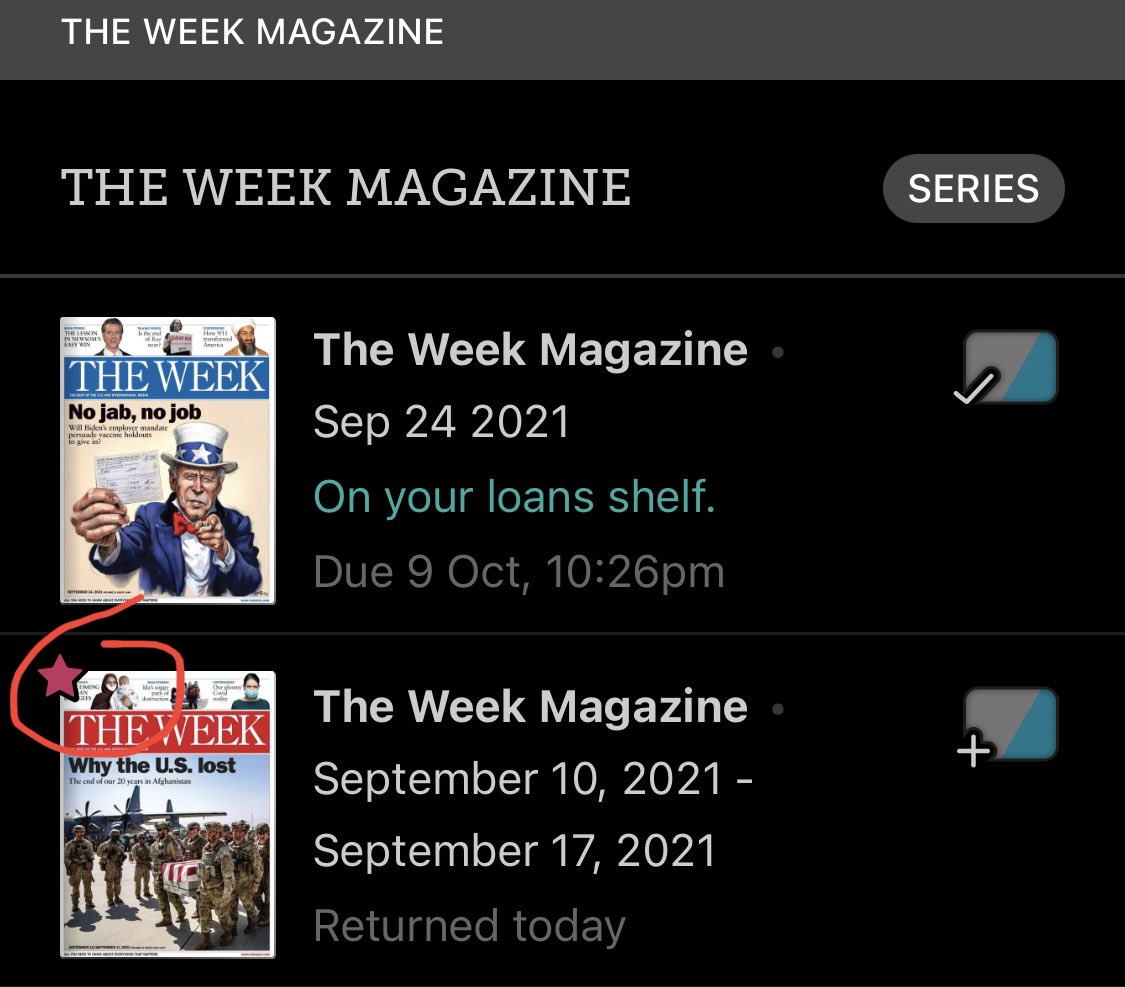 MarkMD's tweet photo. @LibbyApp Also what about the star in the corner of a magazine. What does that mean? Thank you! https://t.co/aTIQI1cIsO