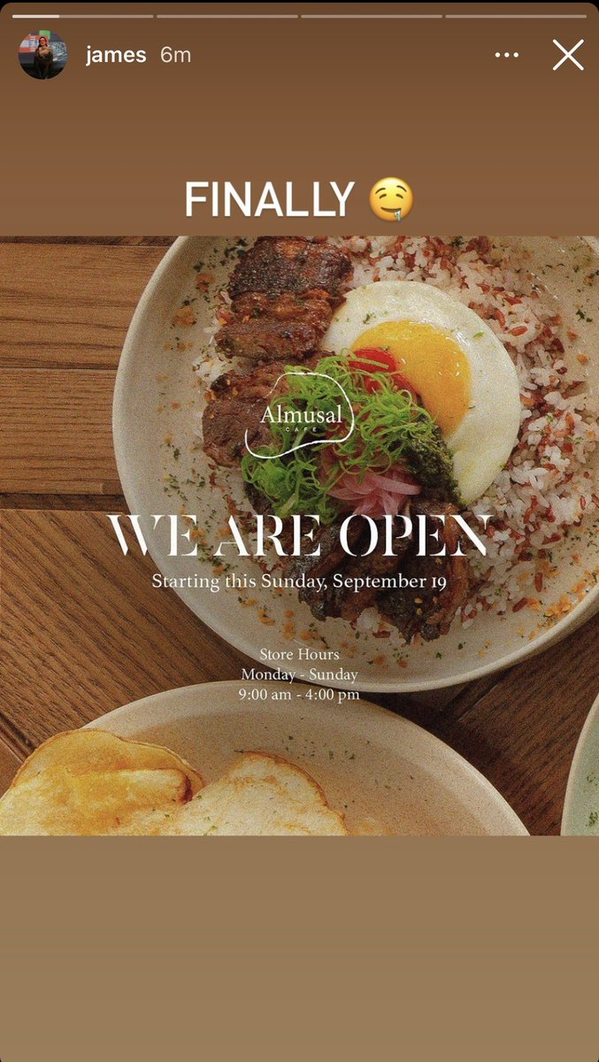 AlwaysJ06791025's tweet photo. FINALLY 🤤

Almusal Cafe is now open to serve you, Mon - Sun, 9AM to 4PM! You may book your table at 0966-523-5562! 

📽james’ IGS updates

#JamesReid #AlmusalCafe https://t.co/dhsOAh5kTG