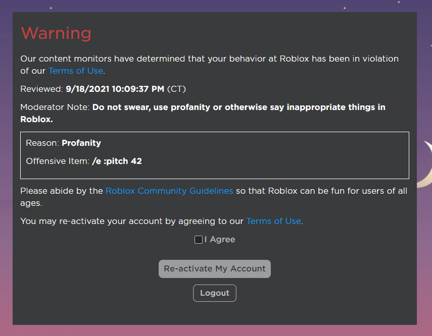 Tony123Yt's tweet photo. How is changing the pitch profanity? #robloxwarning https://t.co/4lLVo8zhhM