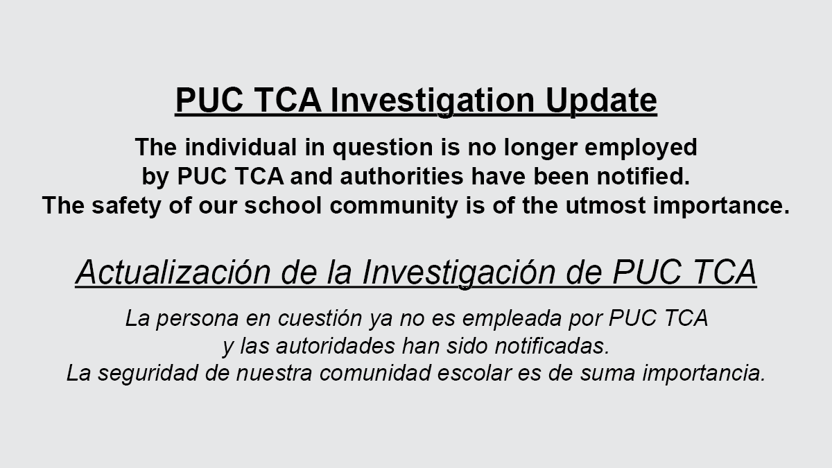puctca's tweet photo. UPDATE: The individual in question is no longer employed by PUC TCA and authorities have been notified. The safety of our school community is of the utmost importance. https://t.co/XuSsbF78co