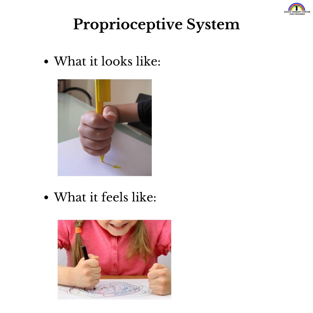 reach_therapy's tweet image. Part 1:
Here is a visual representation of how some of the sensory inputs might feel for kids with SPD or sensory challenges. Also note that these sensory responses differ from child to child and not all kids with SPD would face the same battle each day.

#sensorysystem