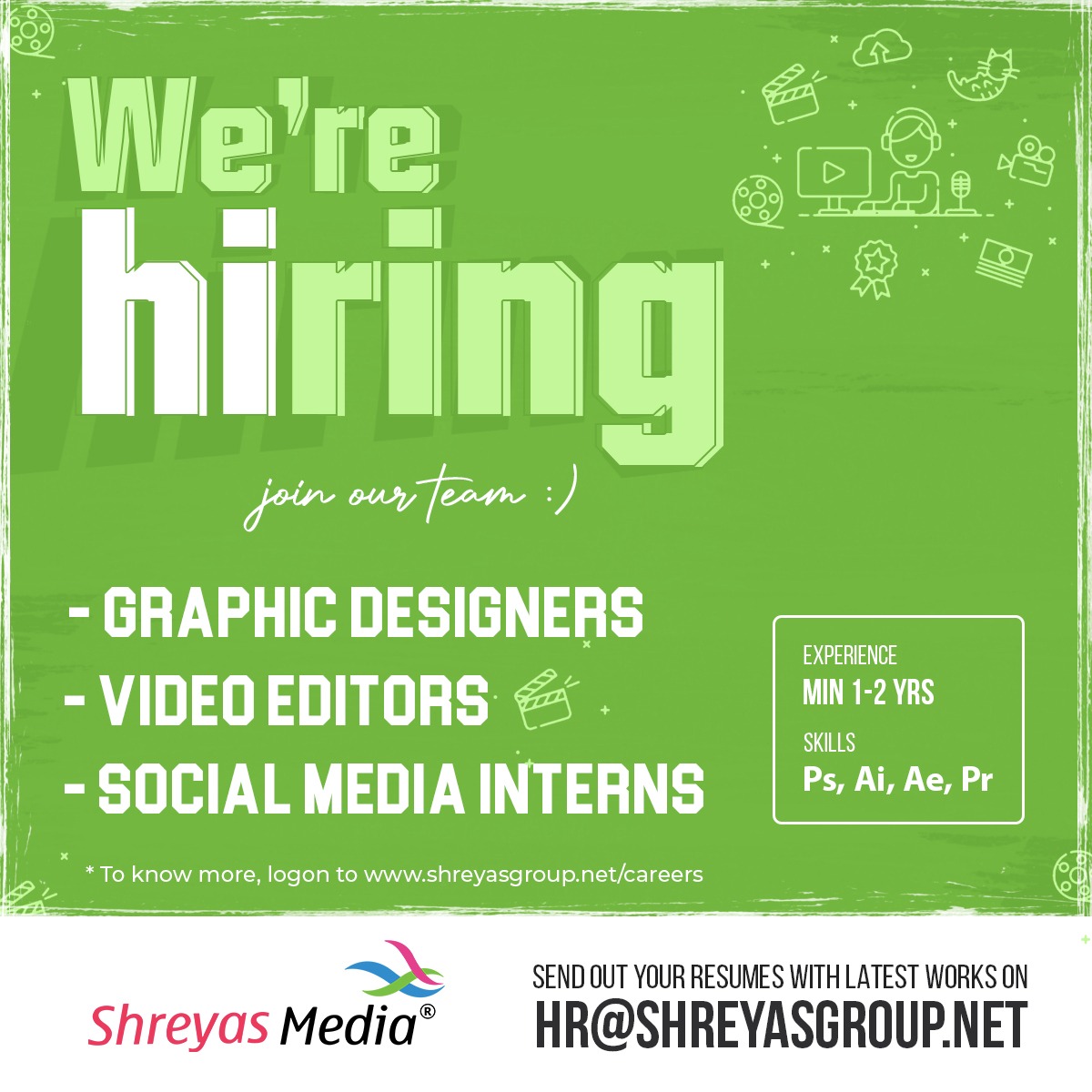 #ShreyasMedia is now hiring 📢 Looking for 'Need For Speed' craftsman 🛣️ Mail your updated resume to HR@shreyasgroup.net Priority will be given to the candidates who are multi talented & having experience in Media and Entertainment industry #ShreyasGroup #ShreyasMediaJobs