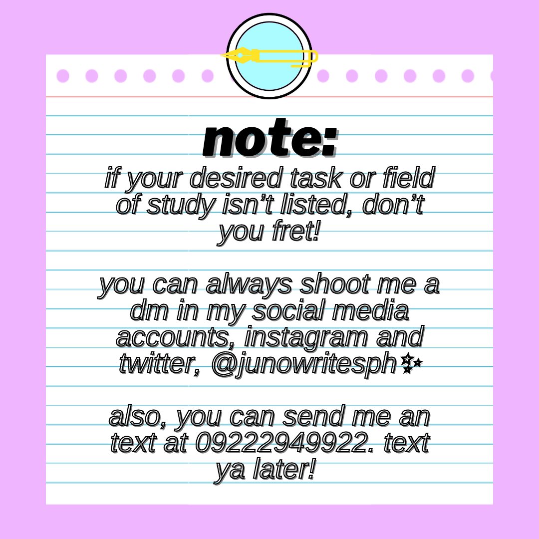 JunoWritesPH's tweet photo. Need help with your homework and outputs? You can always count on me 😉

Currently open for commissions! 🤩

DM me here or shoot an email at junowritesph@gmail.com 🖖🏼

#academiccommissions #commissions #commissionsopen #commissionsopen #studytwt #studytwtph #commissionsph https://t.co/G64qkt2qu7
