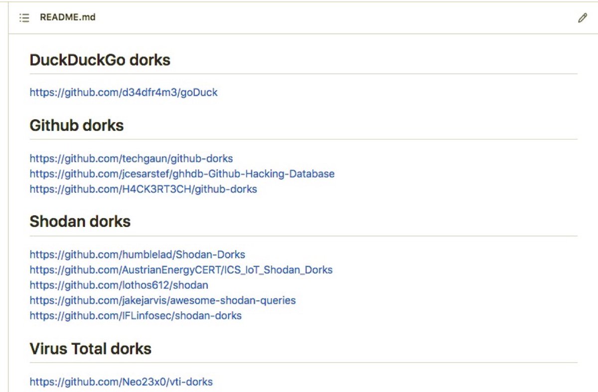 All researchers have heard of Google Dorks, but much less well known are the dorks for #Github, #Shodan, #DuckDuckGo, #Bing, #VirusTotal...

Here is my small collection with links to a list of dorks for various search tools.

github.com/cipher387/Dork…

#osint
