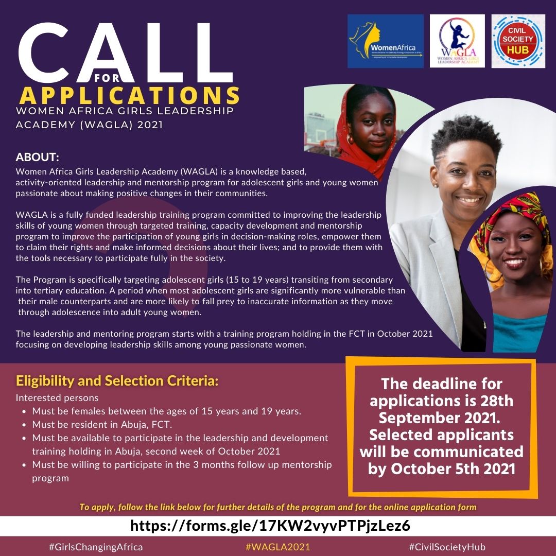 CSOHUBAfrica's tweet photo. Call for Applications!! Women Africa is calling for applications for its Girls Leadership Academy. If you are a young girl, passionate about making changes in your community. Apply for #WAGLA2021 #GirlsChangingAfrica #MyGenderPledge https://t.co/S56N7GeumW #WAG https://t.co/Ajpy15y9NP