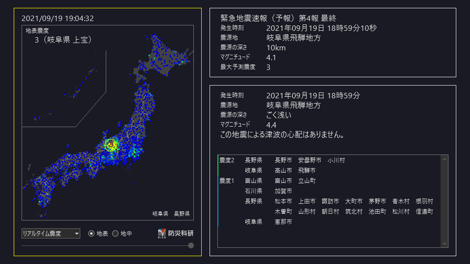 ট ইট র 地震 津波 火山情報 緊急地震速報 予報 第4報 19日19時04分18秒頃 岐阜県飛騨地方で地震がありました 震源の深さは約10km マグニチュードは4 3程度 最大震度は3程度以上と推定されます