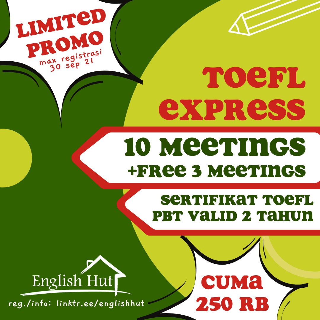 Les persiapan TOEFL sing hamur + oke.
Les e mulai bulan oktober. Cucok gawe arek SMA + kuliah. Sing wes kerjo ya sek masoook 👍🏻

🏘 jl. dempo no 10
📱linktr.ee/englishhut

<a href="/infomalang/">Info Malang</a> #pasarmingguinfomalang