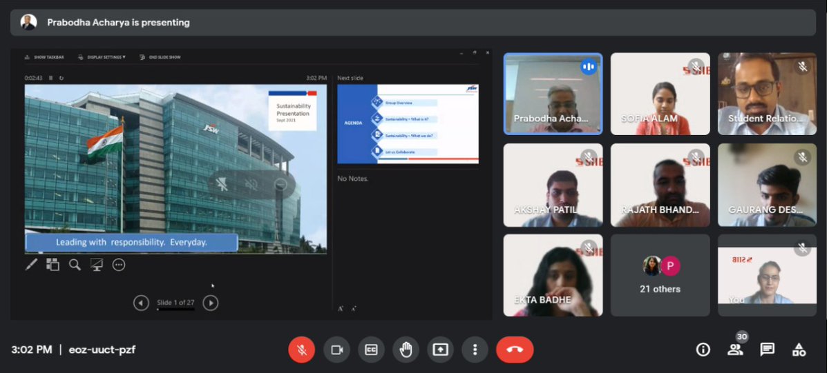 SIIBTweets's tweet photo. On 18th September 2021, the batch of #MBA-E&amp;E 2020-22, attended a #webinar conducted by Mr. Prabodha Acharya, Chief Sustainability Officer,@TheJSWGroup. The topic for the session was #sustainability at JSW and the Steel Industry".

@symbiosistweets 

#SIIB #Pune https://t.co/5TIbEjbTws