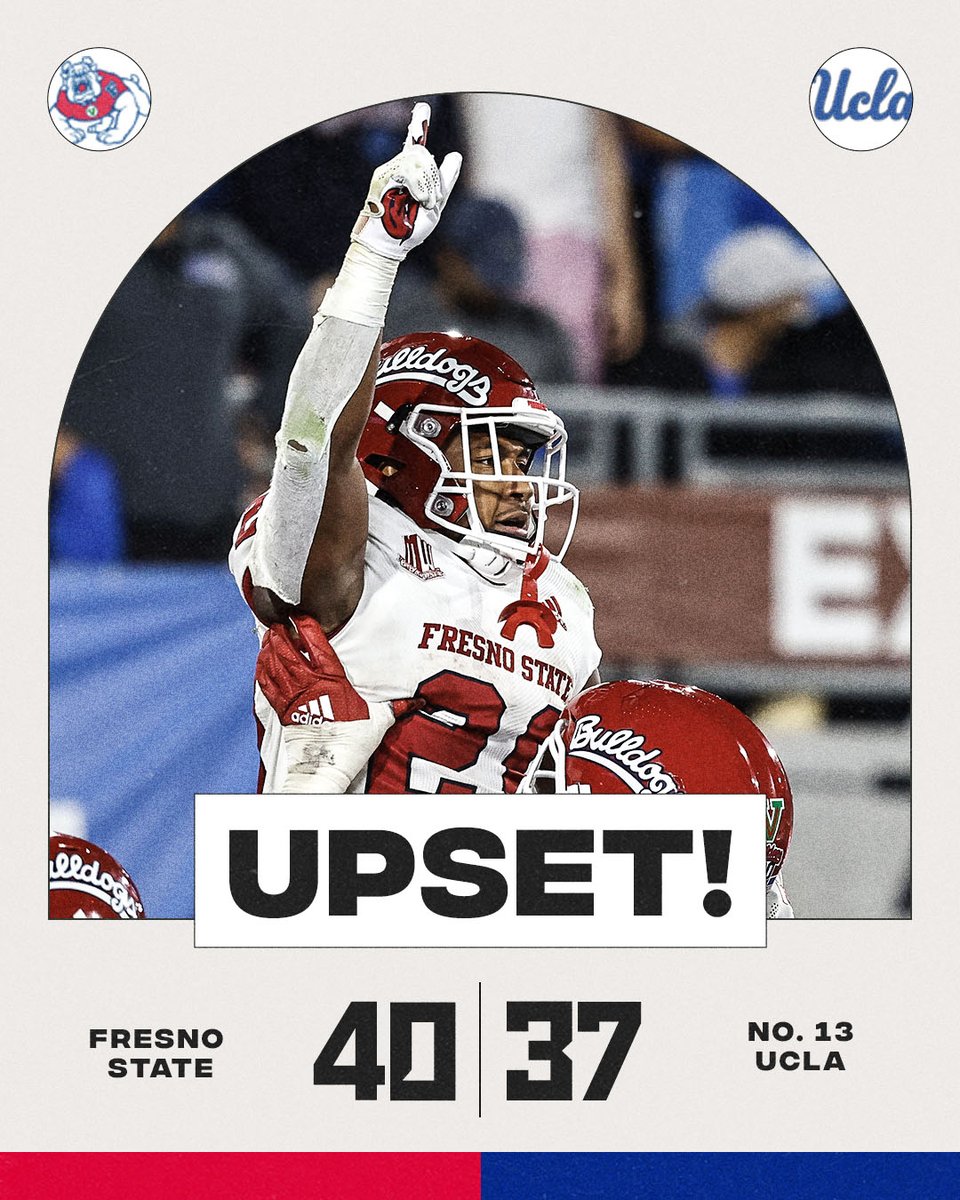 espn's tweet image. Fresno State UPSETS No. 13 UCLA in a classic ‼️

This is tied for the highest-ranked team it's beaten since the AP poll began in 1936.