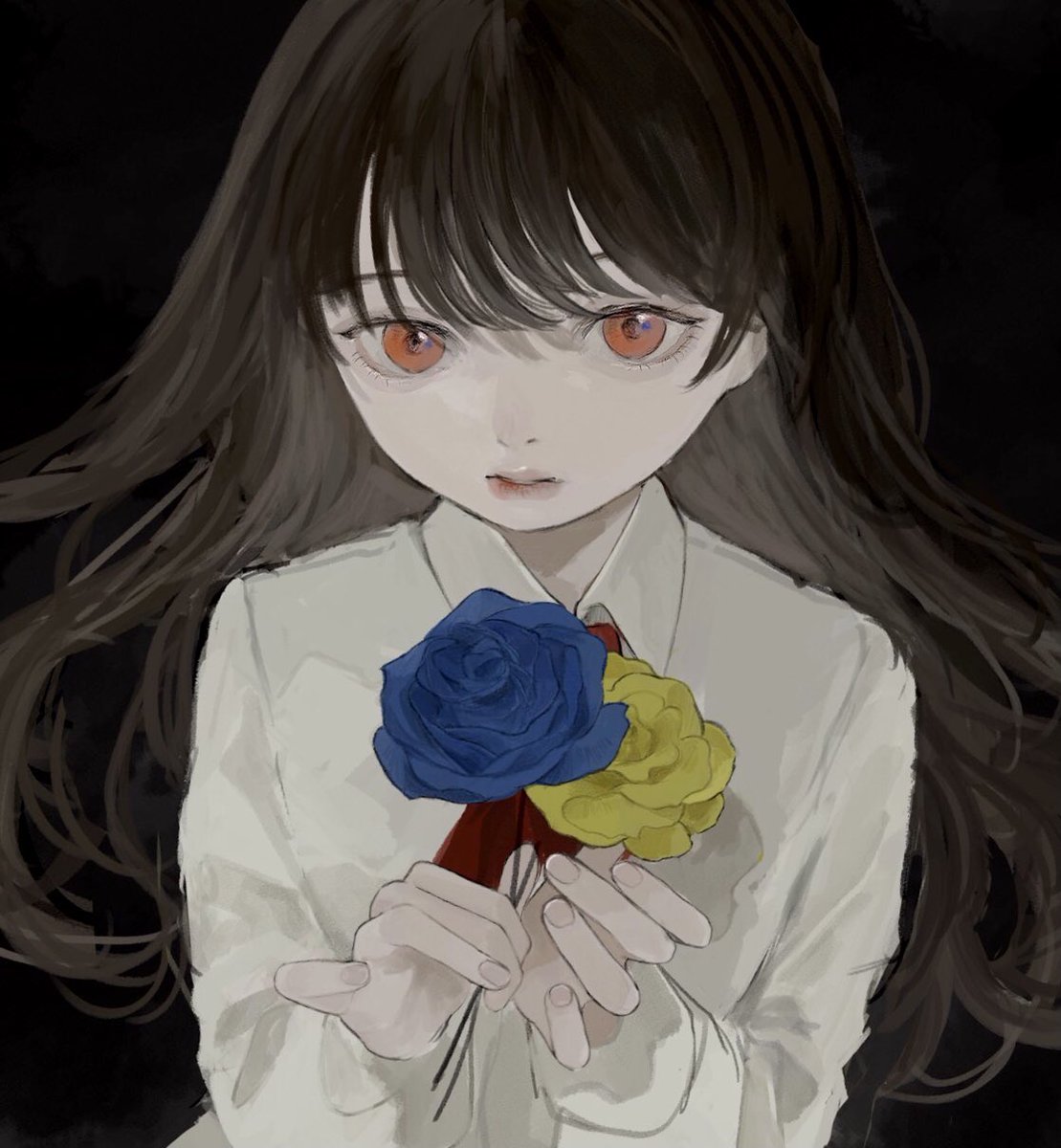 ib (ib) 1girl flower solo blue flower rose long hair blue rose  illustration images