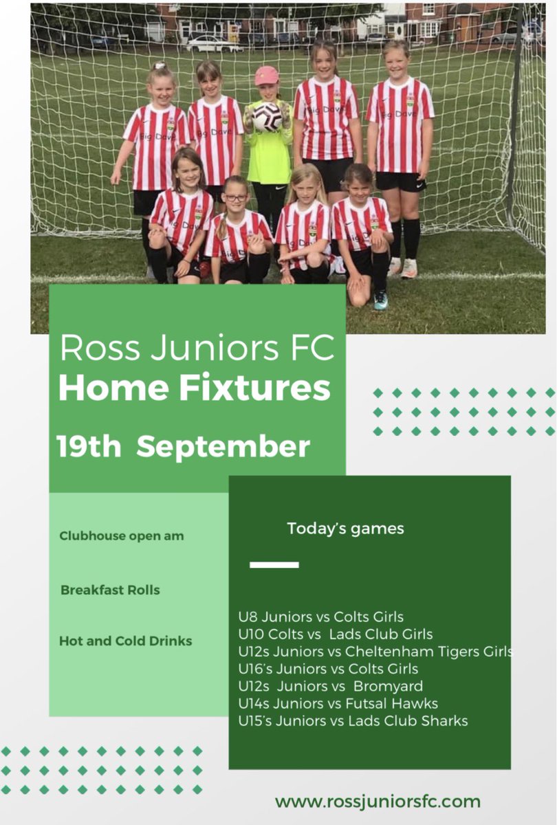 Ross Juniors FC (@rossjuniors) on Twitter photo Todayโs home matches as we welcome teams from <a href="/ladsclubjuniors/">Hereford Lads Club Juniors</a> <a href="/CTLadiesYouth/">Cheltenham Town Ladies Youth FC</a> <a href="/herefordfutsal/">Hereford Futsal Club</a> <a href="/BromyardFC/">Bromyard FC</a> Todayโs home matches as we welcome teams from <a href="/ladsclubjuniors/">Hereford Lads Club Juniors</a> <a href="/CTLadiesYouth/">Cheltenham Town Ladies Youth FC</a> <a href="/herefordfutsal/">Hereford Futsal Club</a> <a href="/BromyardFC/">Bromyard FC</a>