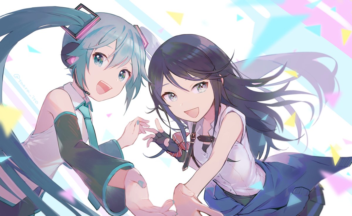 hatsune miku multiple girls 2girls twintails long hair headset black hair clothes around waist  illustration images