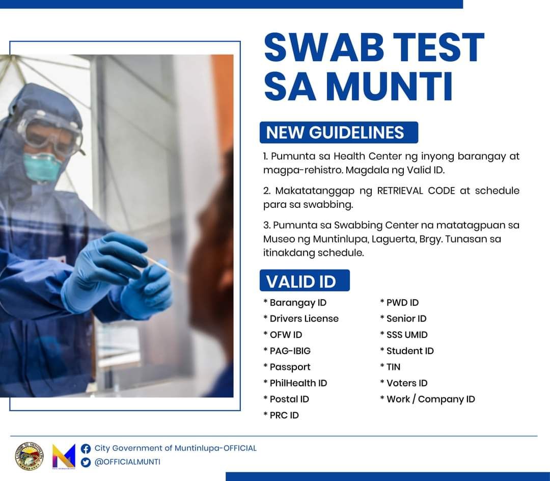 SouthSnippets's tweet image. Heads up, Southies! Here are the new guidelines for swab testing in Muntinlupa. 

READ FULL DETAILS: buff.ly/2ZazwnQ
📸: Muntinlupa City Government Facebook

#southalerts #COVID19PH #swabtest #Muntinlupa