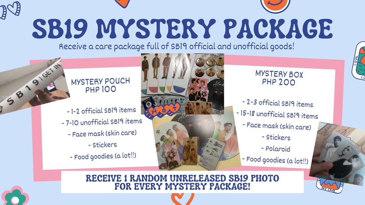 [HELP RT] to celebrate <a href="/SB19Official/">SB19 Official</a>'s anniversary this oct, we're going to send out sb19 mystery packages!
— ✉ pouch: PHP 100
— 📦 box: PHP 200
official items may be pcs, posters, fans, etc.
more info in the order form!
- gcash
- sco, ggx, j&amp;t, sdd
form: forms.gle/s2wVgyK9YGdRho…
