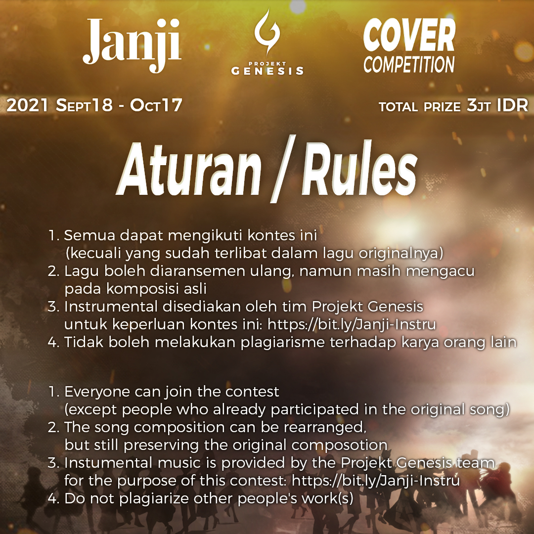 ProjektGenesisV's tweet photo. "Aral melintang, tak lengah tuk pulang"

"JANJI COVER CONTEST" TELAH DIBUKA! 

Unjukkan suaramu, lantunkan melodi lagu orisinal dari #PROJEKTGENESIS versimu, dan dapatkan kesempatan memenangkan total hadiah 3 juta rupiah! Syarat dan ketentuan tertera dalam poster! https://t.co/4K7sySInjc