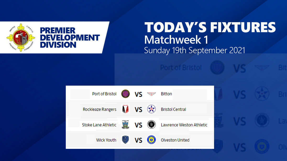 Today's Fixtures - Matchweek 1
@bristol_of <a href="/Bittonjunafc/">Bitton AFC Juniors</a> @rockleaze <a href="/Bristol_central/">Bristol Central FC</a> <a href="/LaneColts/">Stoke Lane Athletic Colts</a> <a href="/AthleticWeston/">Lawrence Weston Athletic</a> @wickfc1 <a href="/OlvestonFC/">Olveston United FC</a> #BFCLdev <a href="/swsportsnews/">South West Sports News</a> <a href="/bsoccerworld/">Bristol Soccerworld</a>