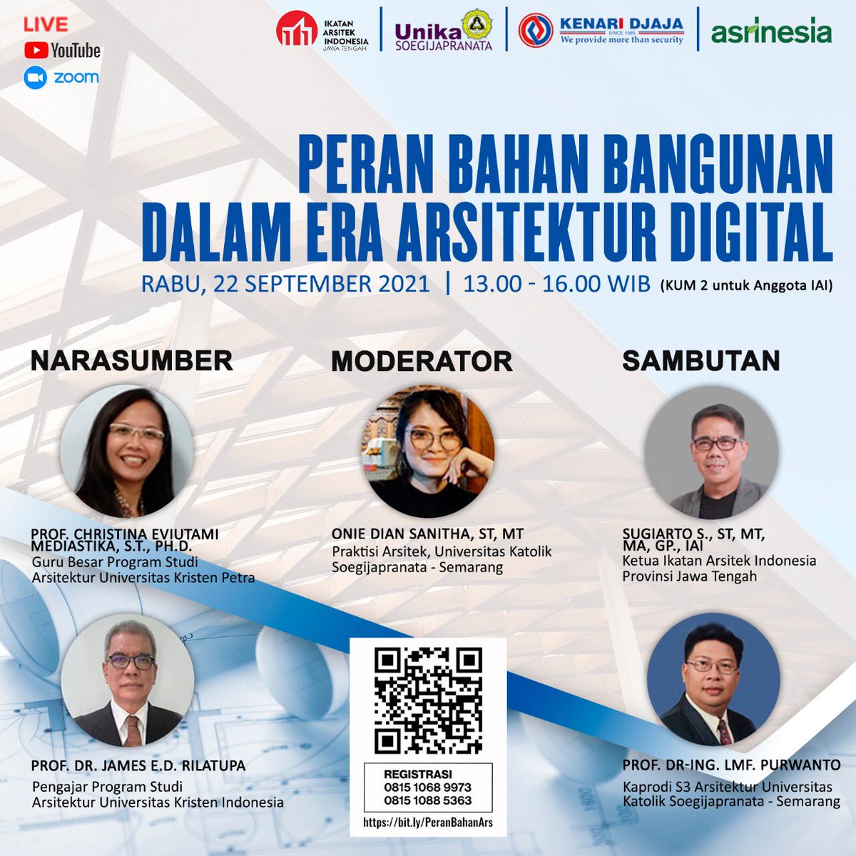 Seminar Online "Peran Bahan Bangunan Dalam Era Arsitektur Digital"

*Pendaftaran GRATIS* di bit.ly/PeranBahanArs

Informasi lanjut hubungi:
Fadli - 0815 1067 9973
Tika - 0815 1088 5363

#KenariDjaja
#KunciAmanKeluargaNyaman
#IngatKunciIngatKenariDjaja