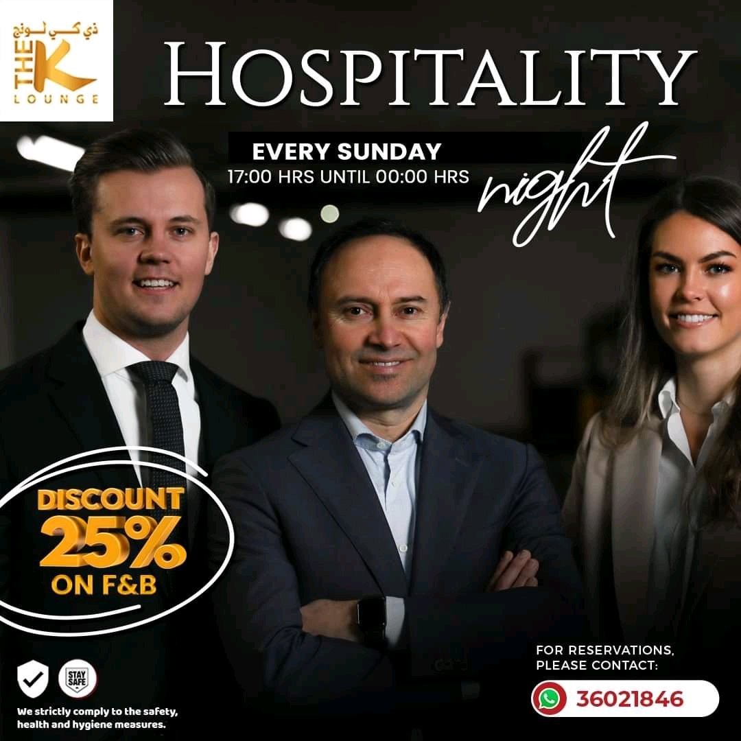 TheKHotel's tweet photo. دعوة لجميع الأشخاص الذين يعملون في مجال الضيافة، انضموا إلى ليلة الضيافة لدينا كل يوم أحد في ذي كي لونج من الساعة  ٥,٠٠ مساءً حتى منتصف الليل وأحصلوا على خصم ٢٥% على المأكولات والمشروبات. للحجز، يرجى التواصل معنا عبر الواتسآب على ٣٦٠٢١٨٤٦
__
#thekhotel #bahrain #juffair #manama https://t.co/Lt3CV547NK