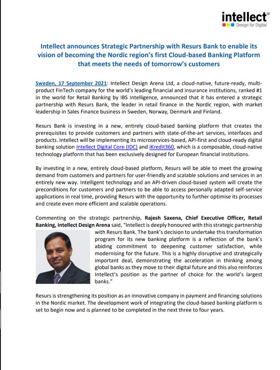CapitalSapling's tweet photo. Intellect will be implementing its micro services-based, API-first and cloud-ready digital banking solution Intellect Digital Core and iKredit360 with Resurs Bank.. Winning deals on new products is definitely a positive for long term

https://t.co/xWtu2qcpLJ https://t.co/QRISPLTSR0