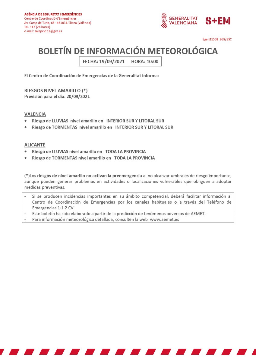 GVA112's tweet image. ⚠️El Centro de Coordinación de Emergencias emite un boletín de información meteorológica que informa:

🟡🌧️Riesgo nivel amarillo por lluvias y tormentas en el interior y litoral sur de Valencia y en toda la provincia de Alicante para mañana 20/09.