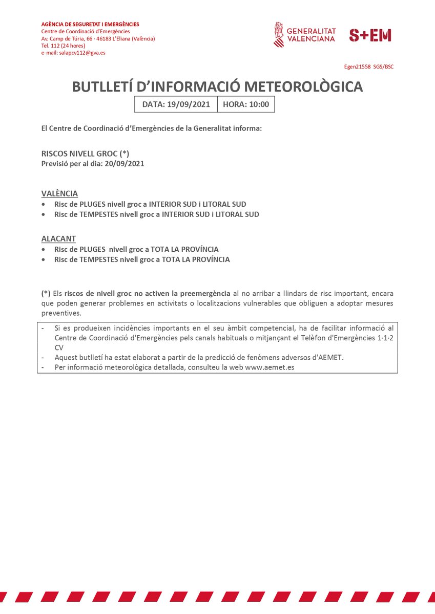 GVA112's tweet image. ⚠️El Centro de Coordinación de Emergencias emite un boletín de información meteorológica que informa:

🟡🌧️Riesgo nivel amarillo por lluvias y tormentas en el interior y litoral sur de Valencia y en toda la provincia de Alicante para mañana 20/09.