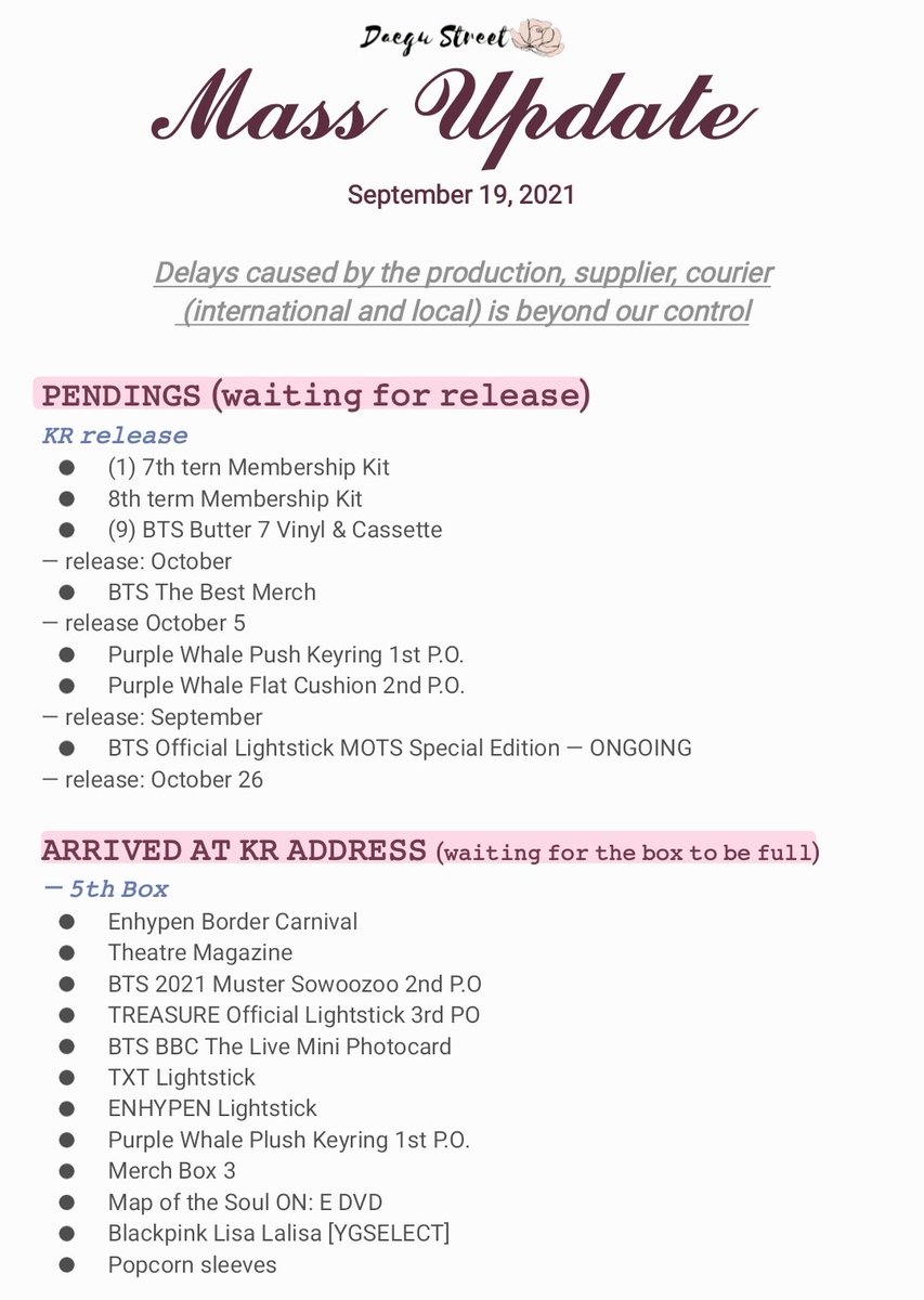 DAEGU_STREET's tweet photo. 📆 Status of all pending orders as of September 19, 2021

If we miss anything and if you have questions, please don't hesitate to message us. Thank you for your patience ~

 [ #DaeguStUpdate ] https://t.co/XBRXBuc2NA