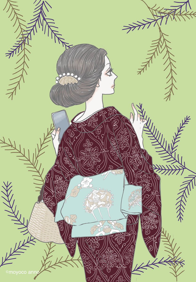 小紋「菊繋ぎ」葡萄茶と名古屋帯「簪(かんざし)」をコーディネートしたKIMONO GIRLを #安野モヨコ が描いています。

#百葉堂 POPUPSTORE 